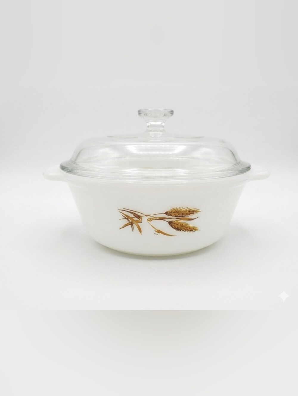 Vintage Pyrex Autumn Harvest Wheat White Casserole Dish with Clear Glass Lid